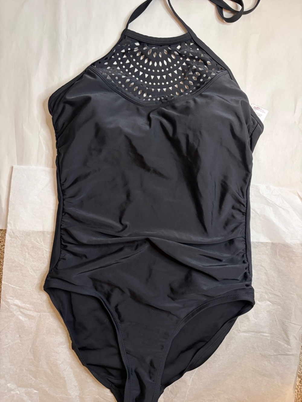 Merona Black High-Neck One-Piece Swimsuit with Laser-Cut Yoke